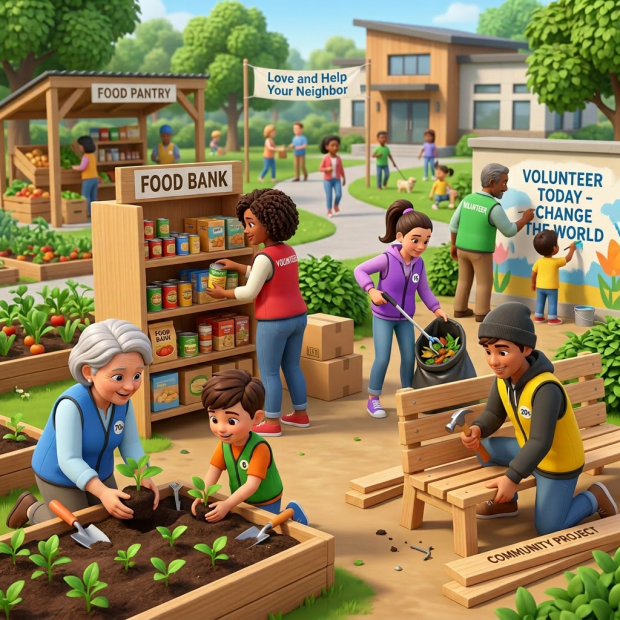 Volunteers planting vegetables, organizing food bank items, cleaning garden, and painting community mural